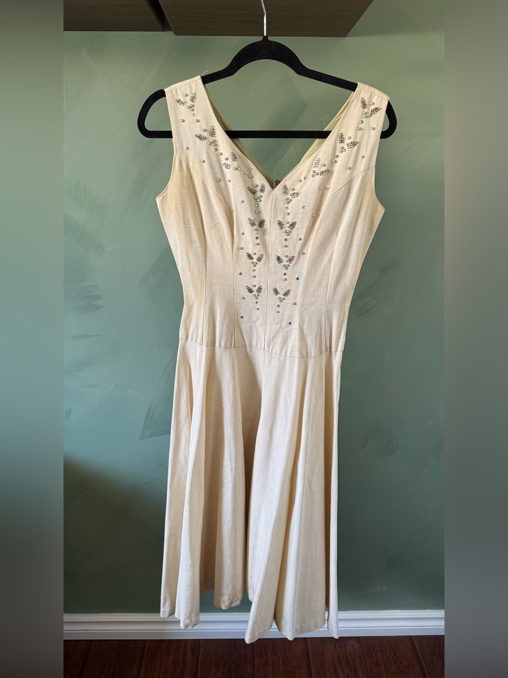 Vintage 50s silk fit and flare embellished dress cream